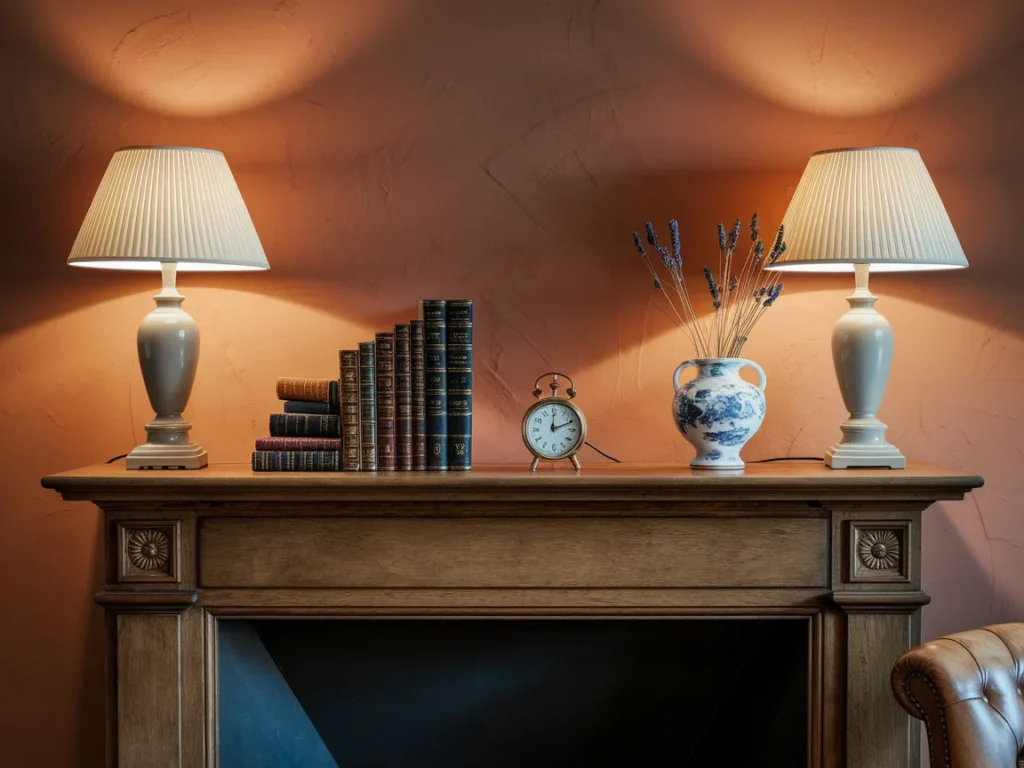 Fireplace mantel with matching lamps