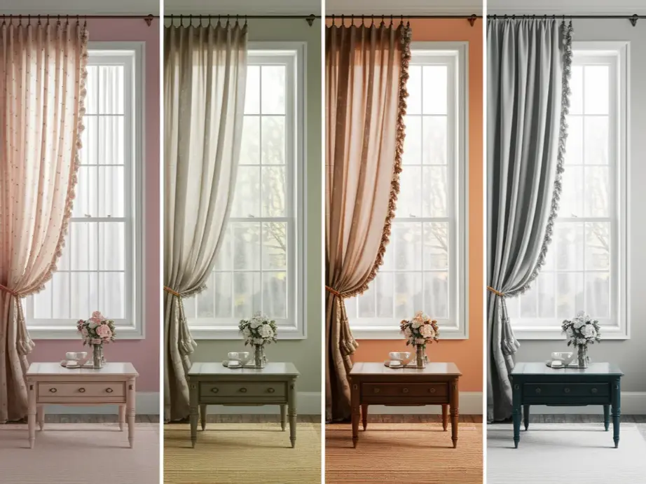 Four window vignettes showing the same shabby chic
