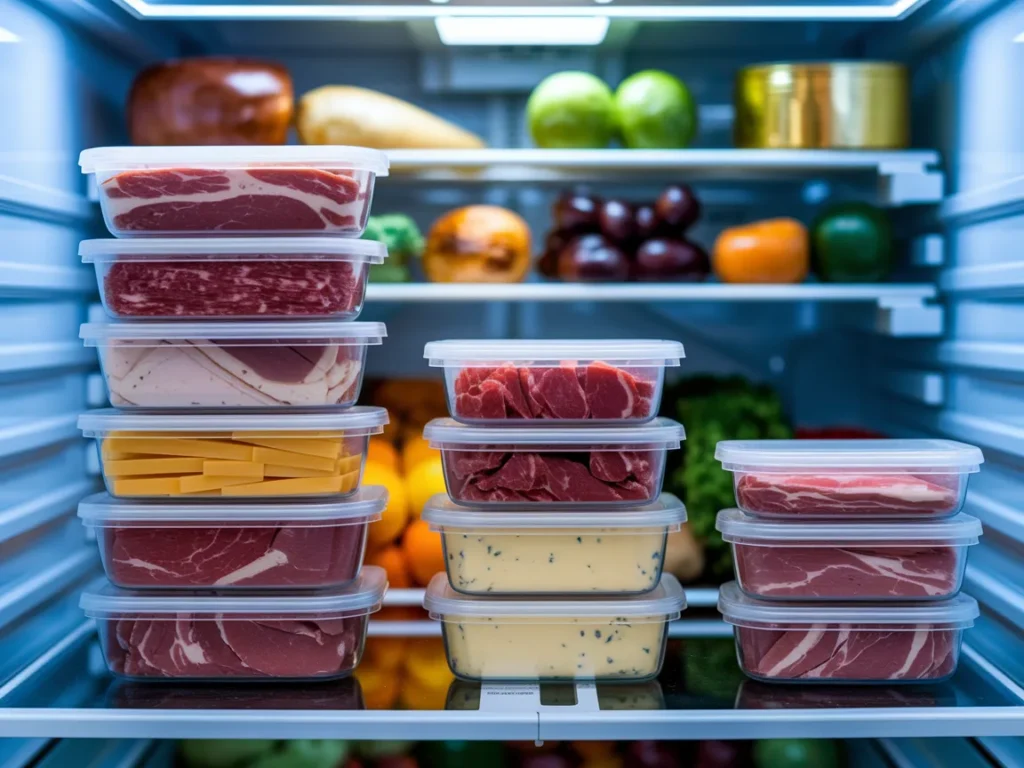 Fridge deli section with slim clear containers stacked neatly