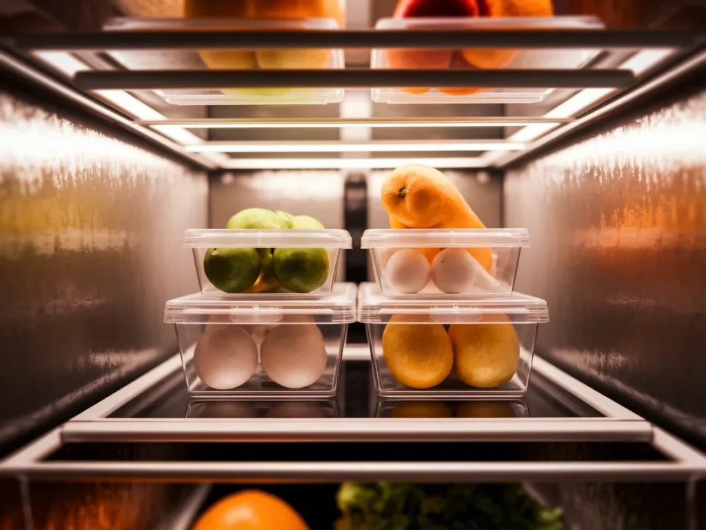 Fridge shelf with matching clear storage bins