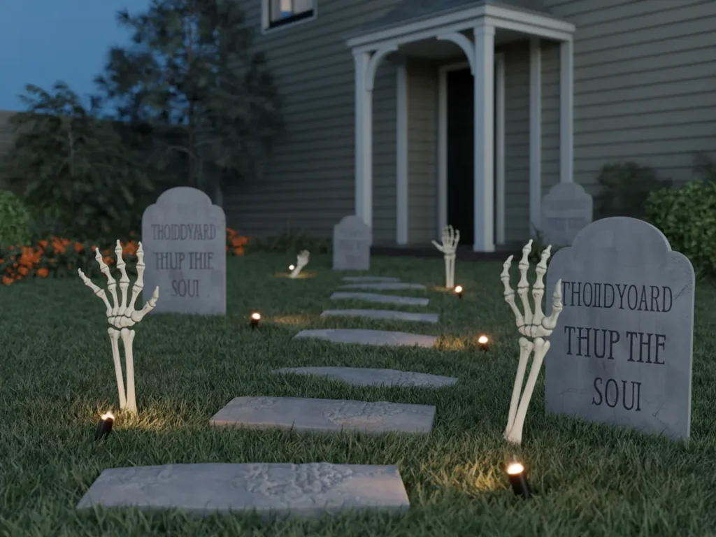 Front yard Halloween graveyard setup
