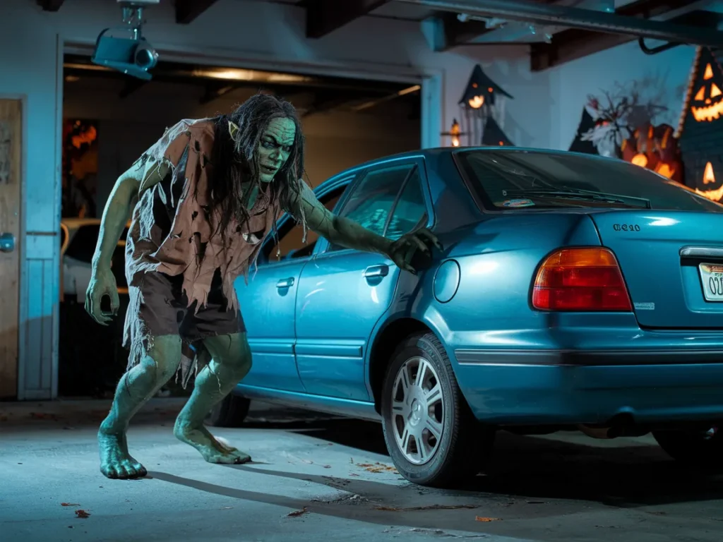 Garage Halloween scene with monster 