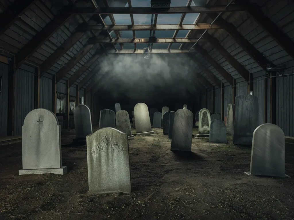 Garage converted into an indoor graveyard with tall tombstones