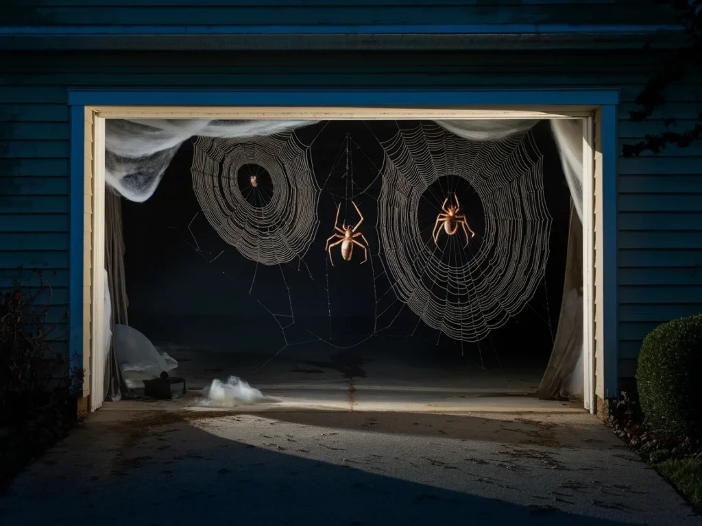 Garage entrance covered in giant spider webs