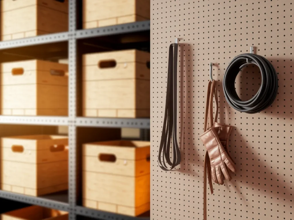 Garage gym pegboard wall with organized bands