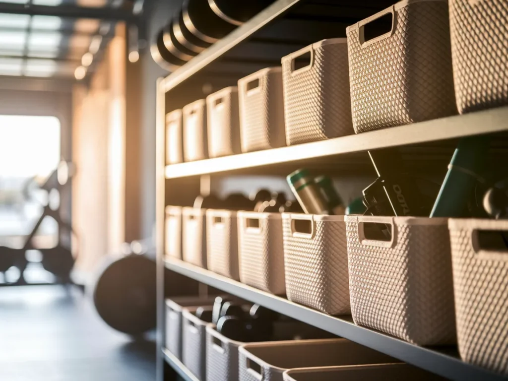 Garage gym shelf with matching storage bins