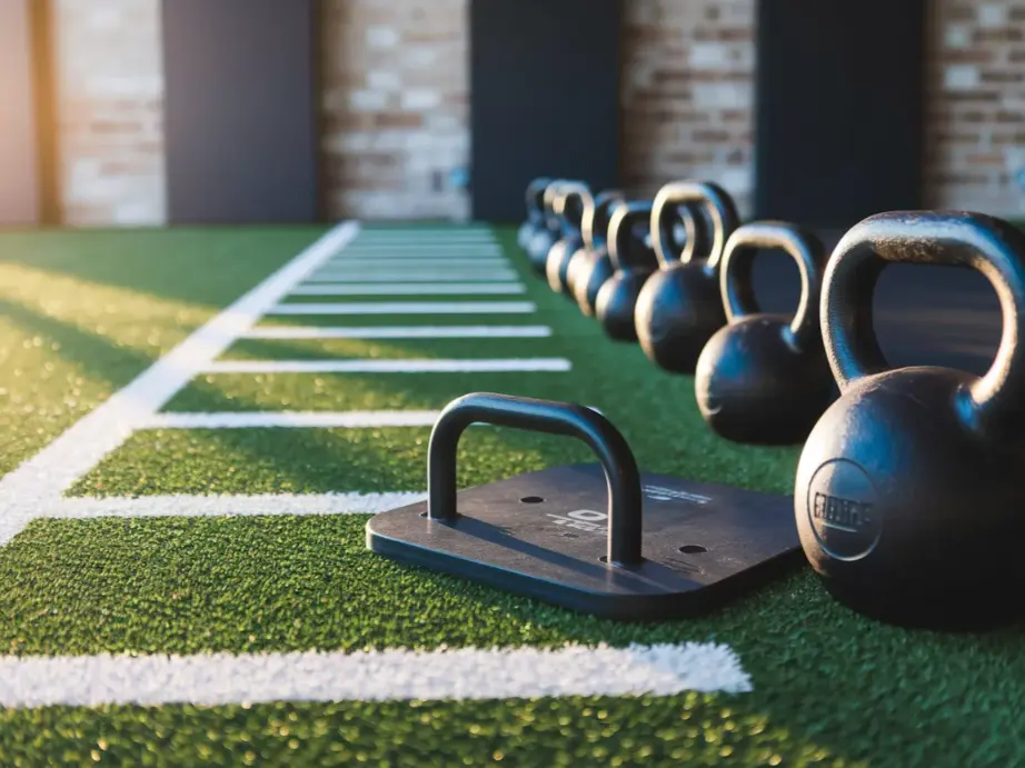 Garage gym with artificial turf strip lane