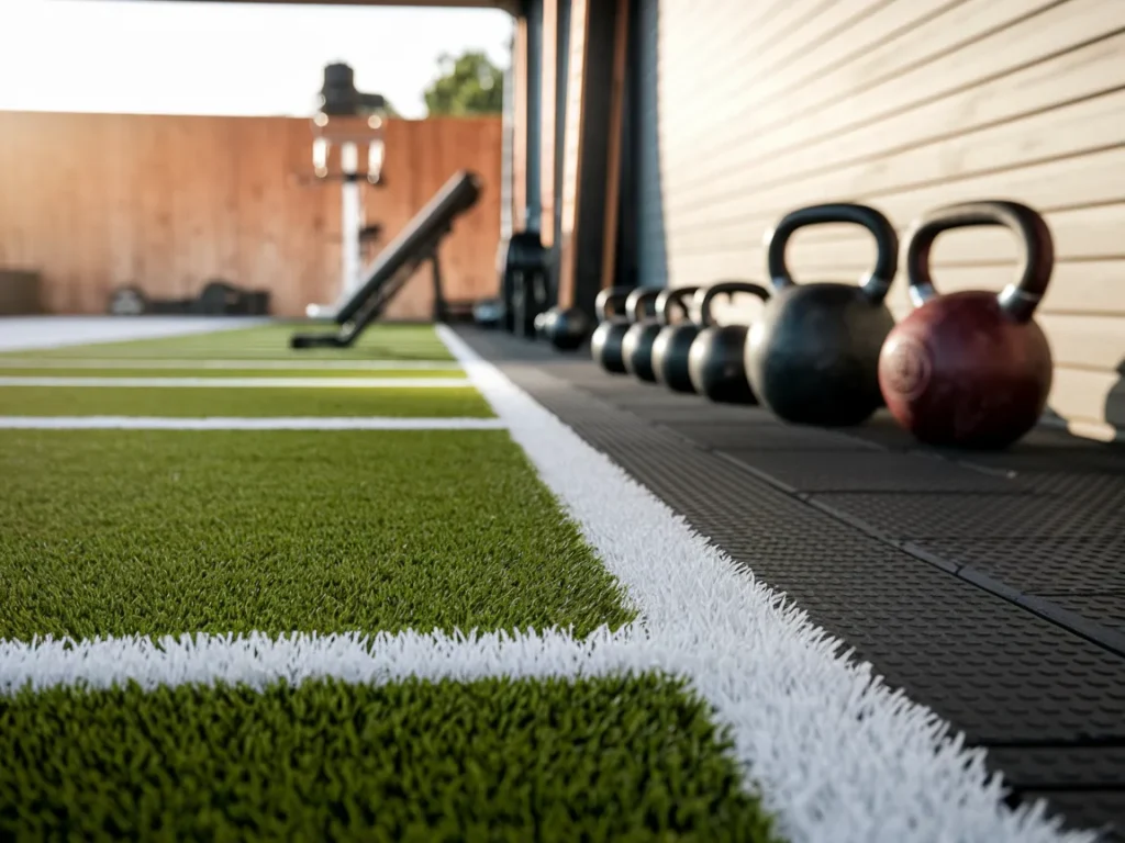 Garage gym with large wall mirror reflecting