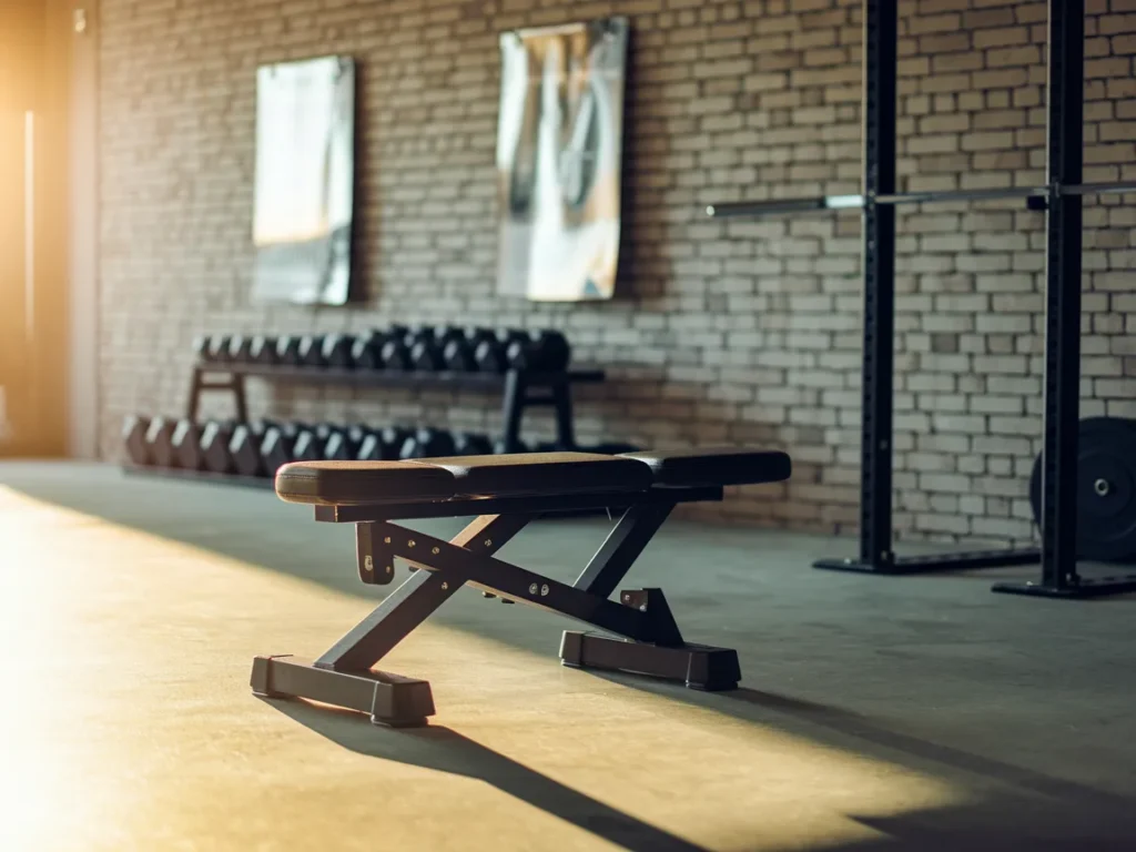 Garage home gym with foldable bench
