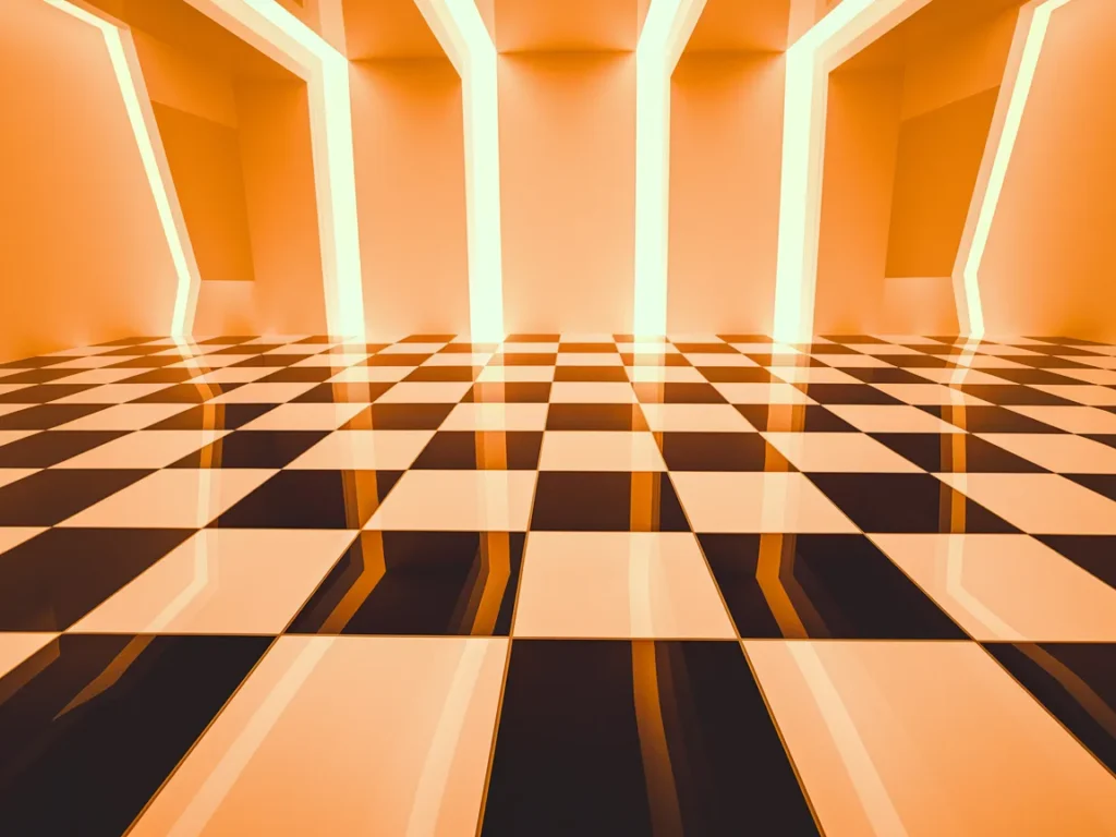 Gloss finish checkerboard vinyl flooring reflecting light