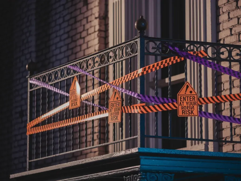 Halloween balcony with warning signs