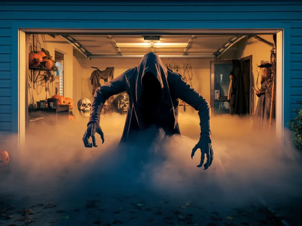 Halloween garage filled with low fog