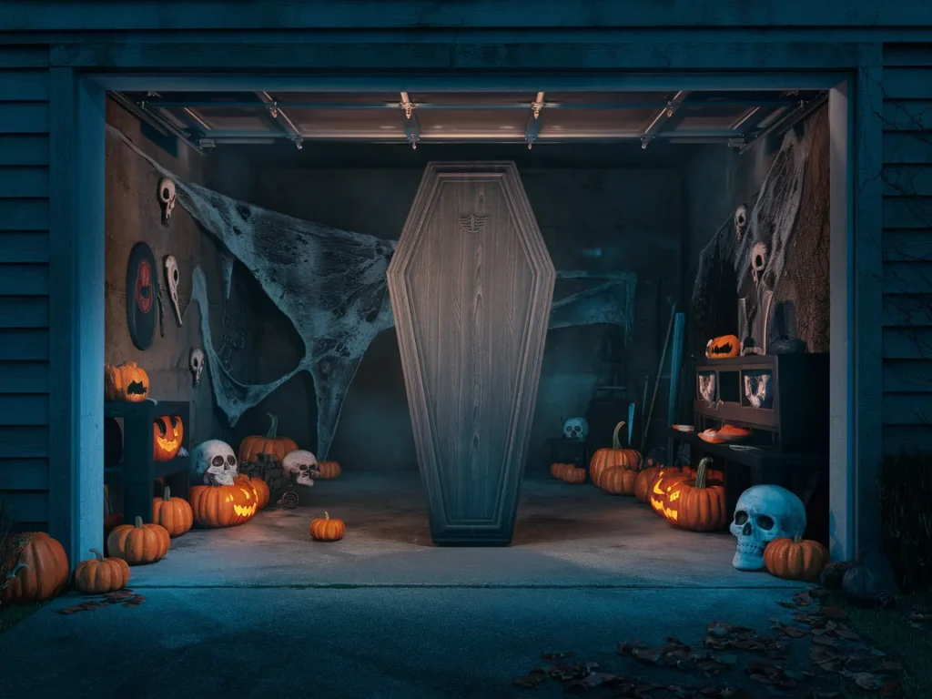 Halloween garage with a tall upright coffin backdrop