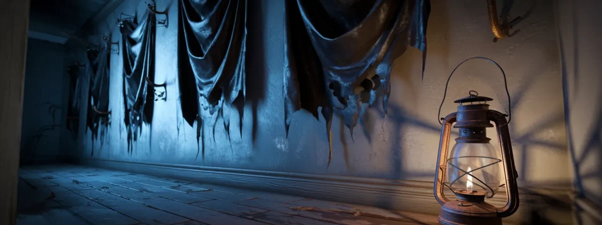 Halloween hallway with flowing dark fabric