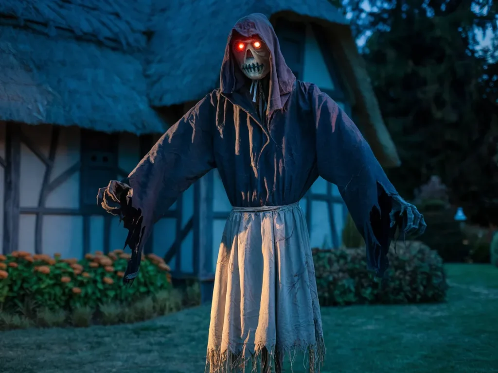 Halloween scarecrow horror display in front yard