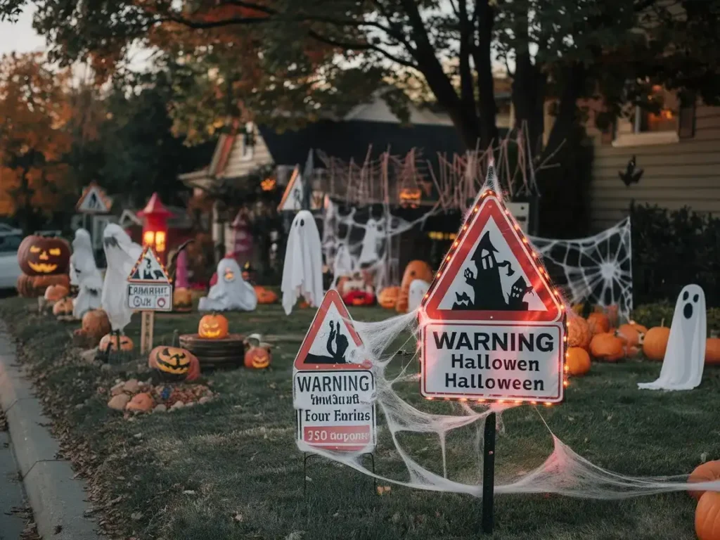 Halloween warning signs placed in yard facing street
