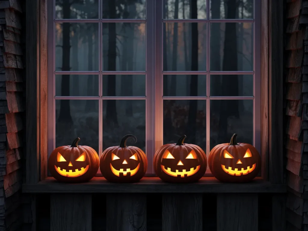 Halloween window lined with glowing jack-o’-lanterns