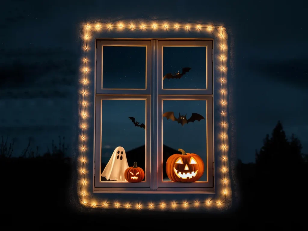 Halloween window outlined with subtle LED lights