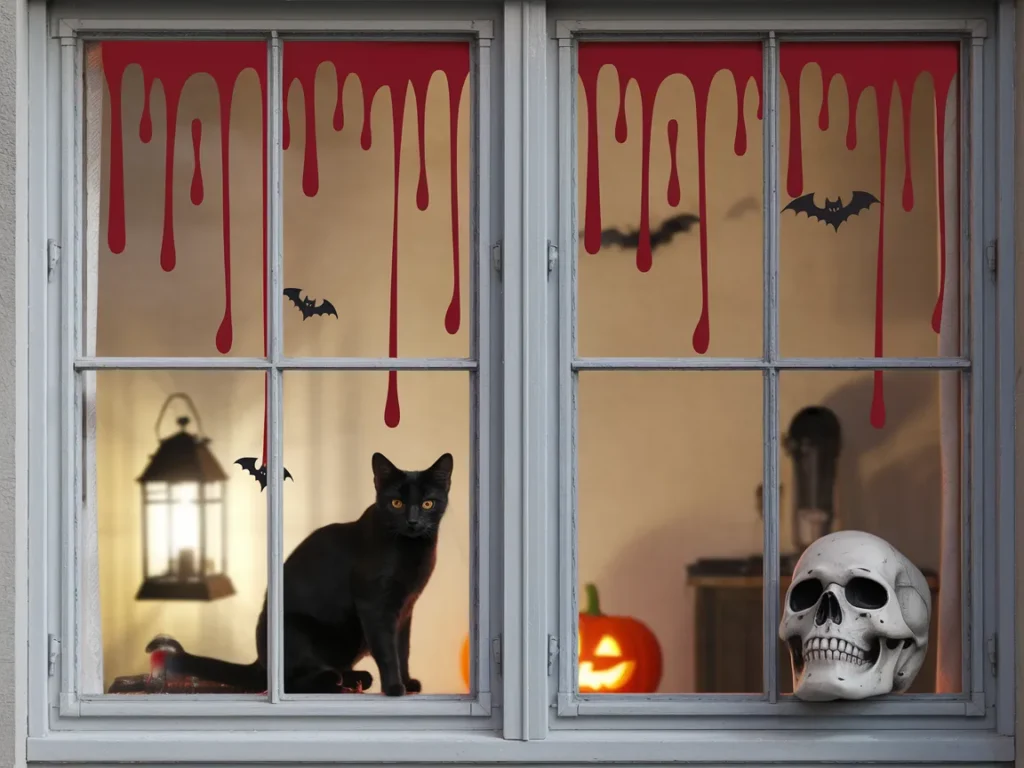 Halloween window with blood-drip decals on glass