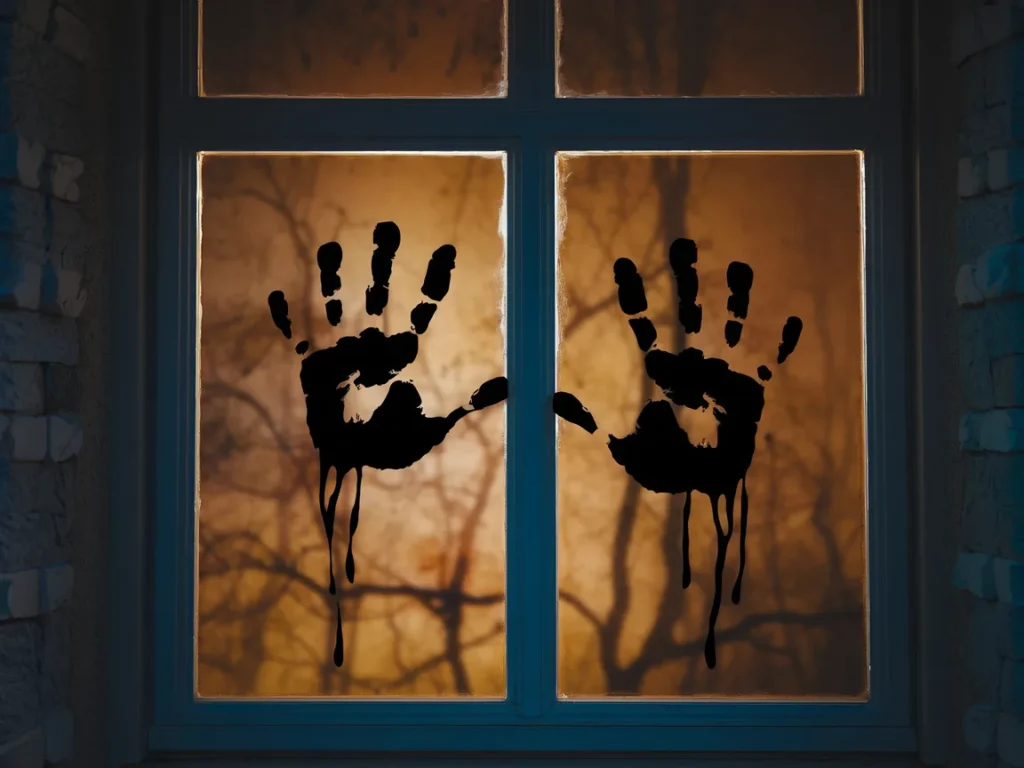 Halloween window with eerie hand print marks