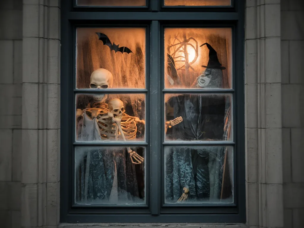 Halloween window with fogged glass