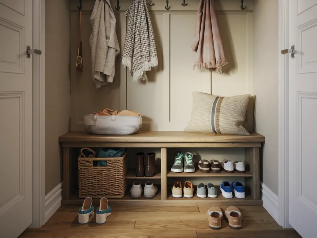 Hallway bench in use for shoe changing