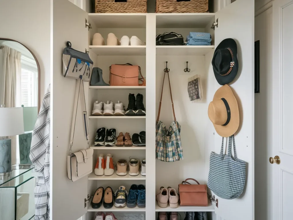 Hallway cabinet doors open showing