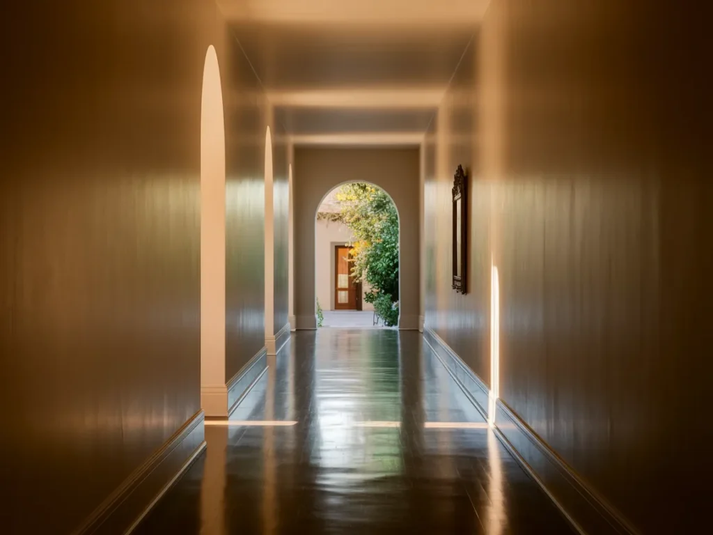 Hallway styled with monochrome wall