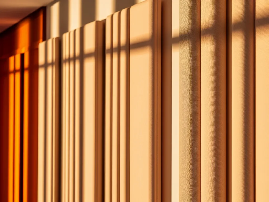 Hallway wall with flat fabric panels in neutral tones