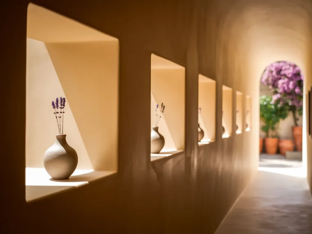 Hallway wall with recessed niches built into wall