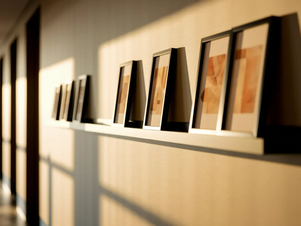 Hallway wall with slim picture ledges holding 