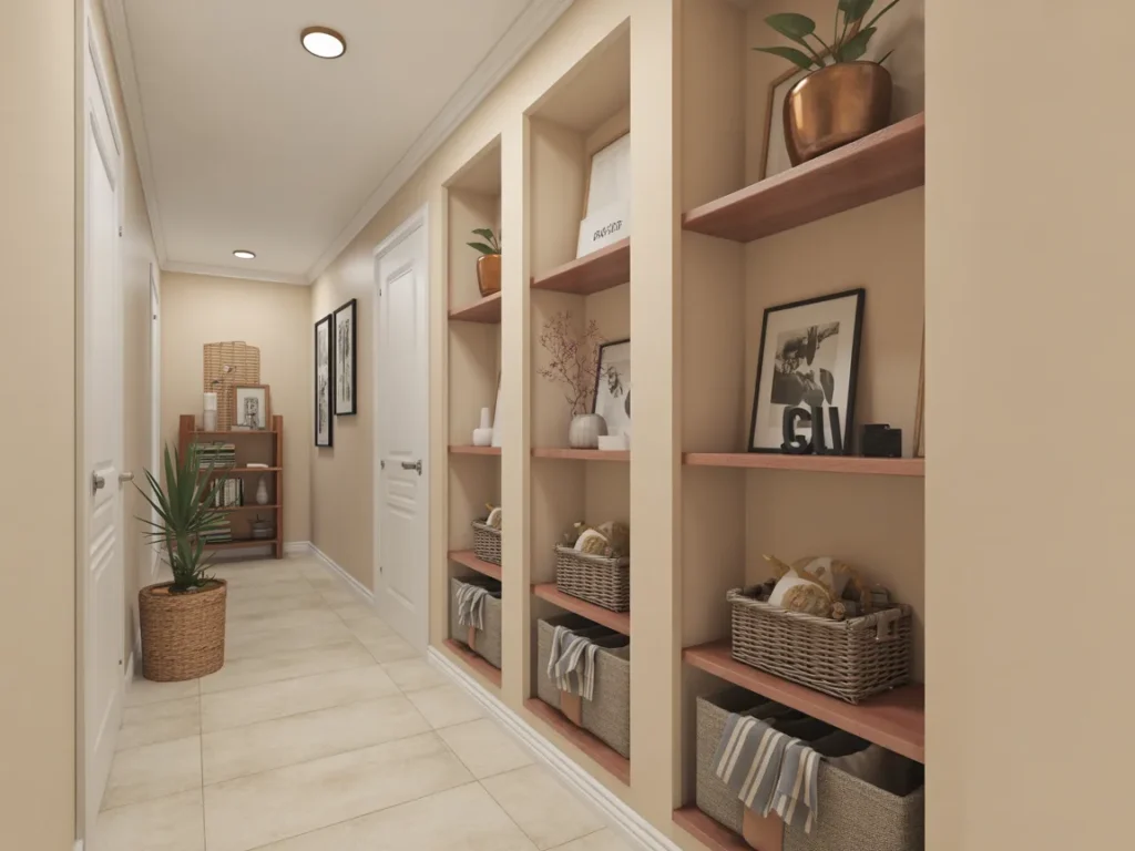 Hallway with built-in wall niches holding decor