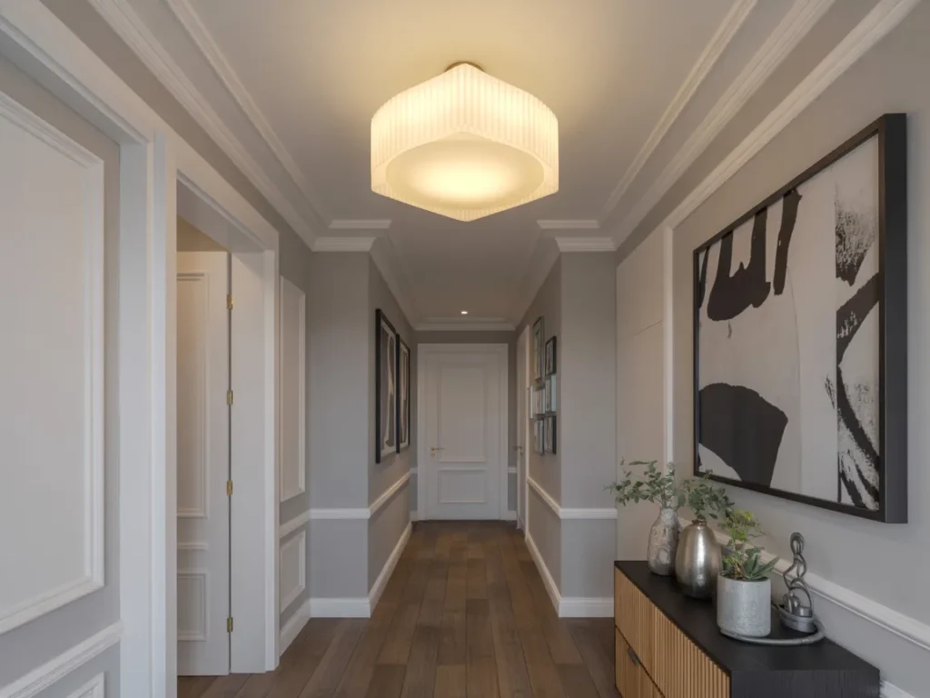 Hallway with modern statement ceiling light