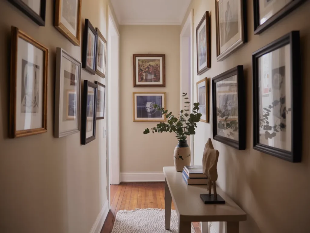 Hallway with properly scaled wall art and decor
