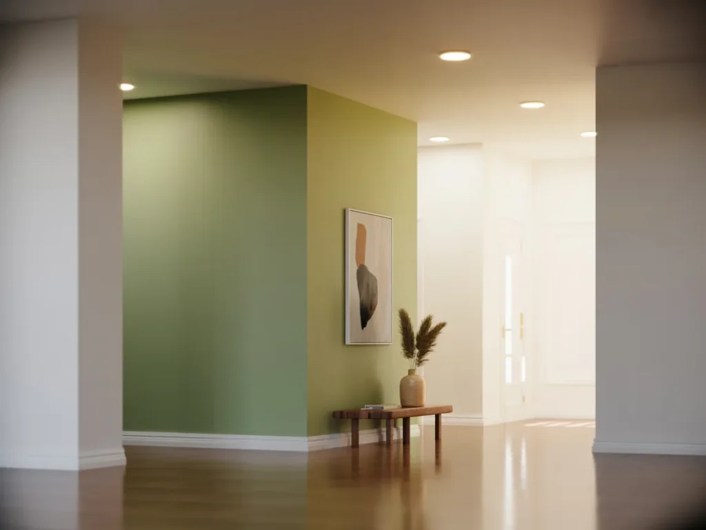 Hallway with single accent wall in muted color