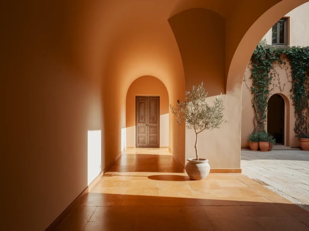 Hallway with soft contrast accent wall at the end