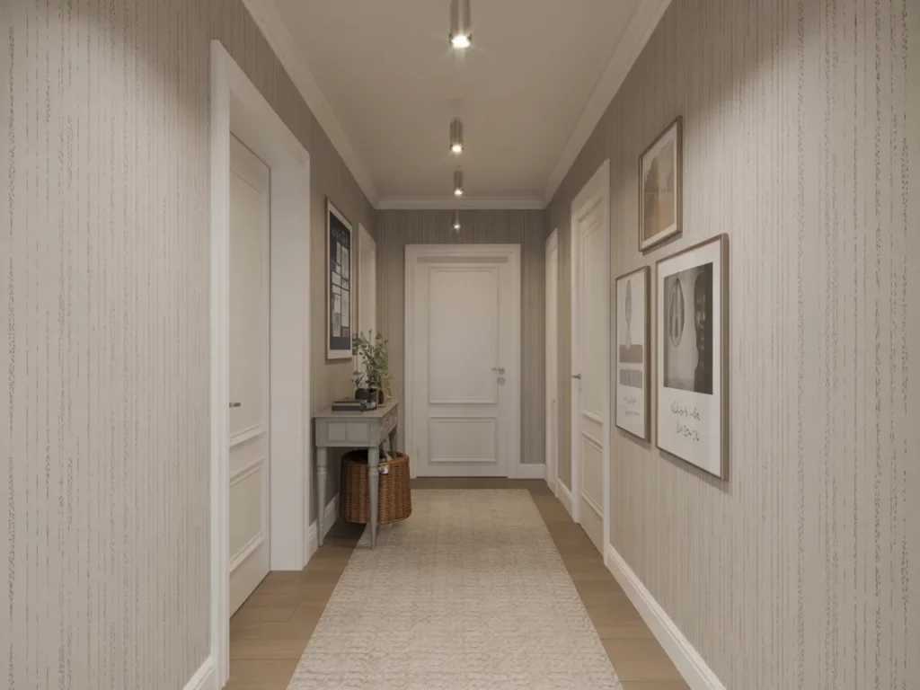 Hallway with subtle patterned wallpaper in neutral tones