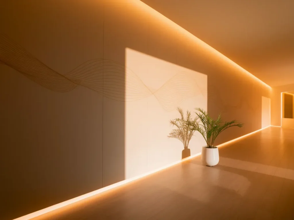 Hallway with subtle wall mural in light tones