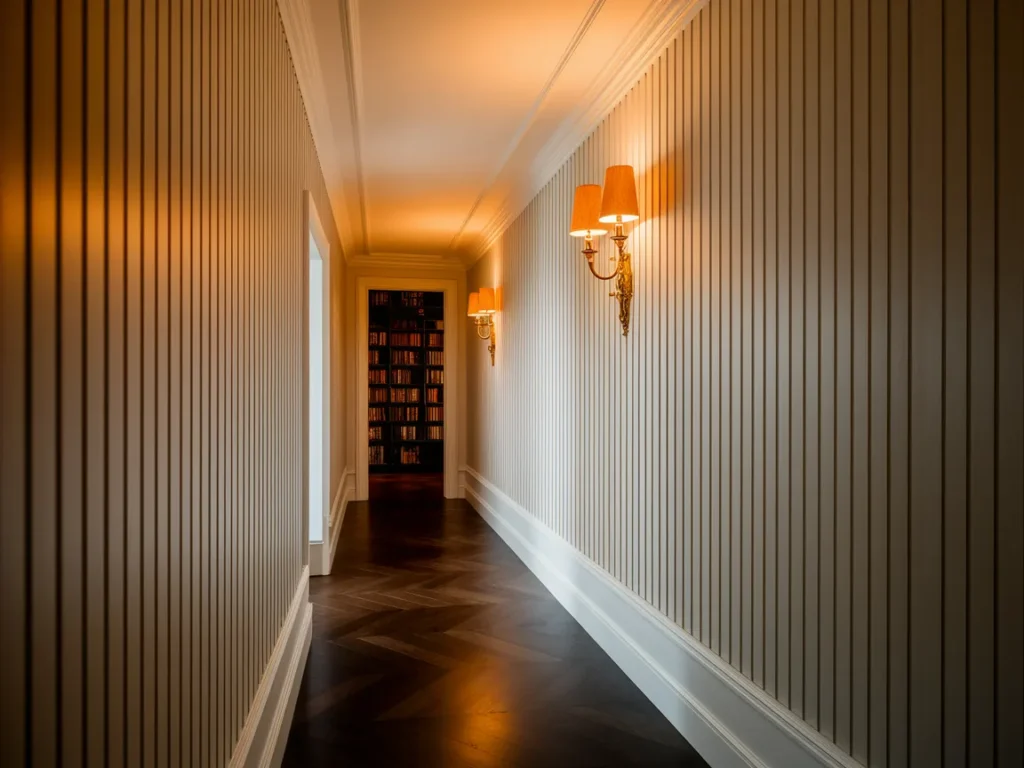 Hallway with vertical wall paneling in a light neutral shade