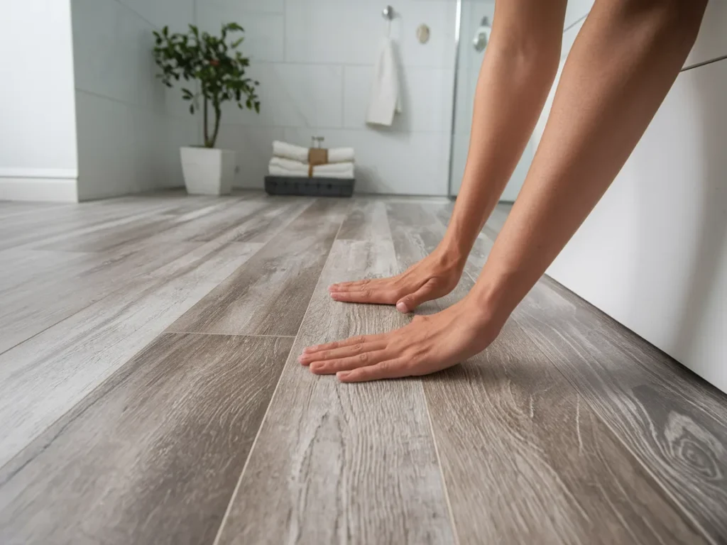 Hands clicking together luxury vinyl plank flooring in a bathroom