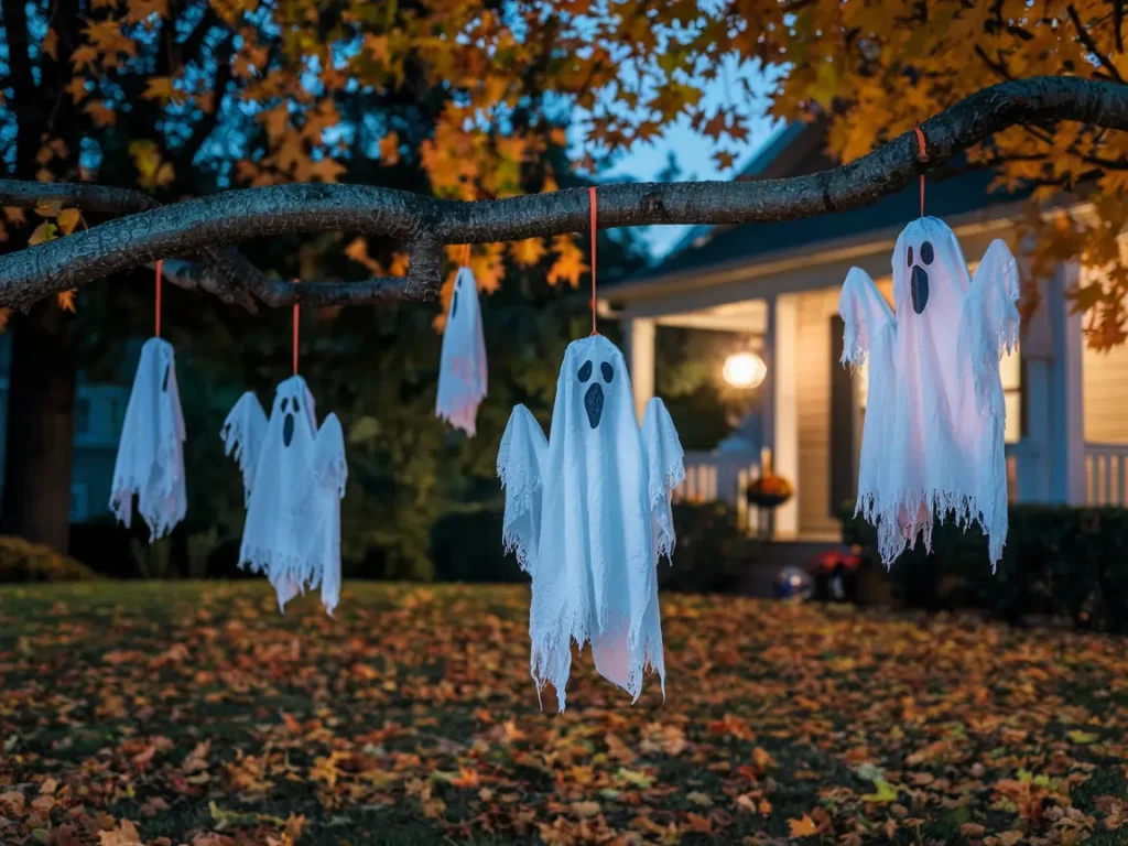 Hanging ghost decorations suspended from tree branches