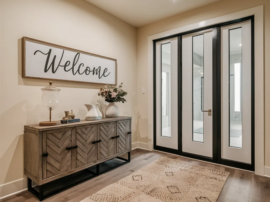 Home entrance with welcome wall sign