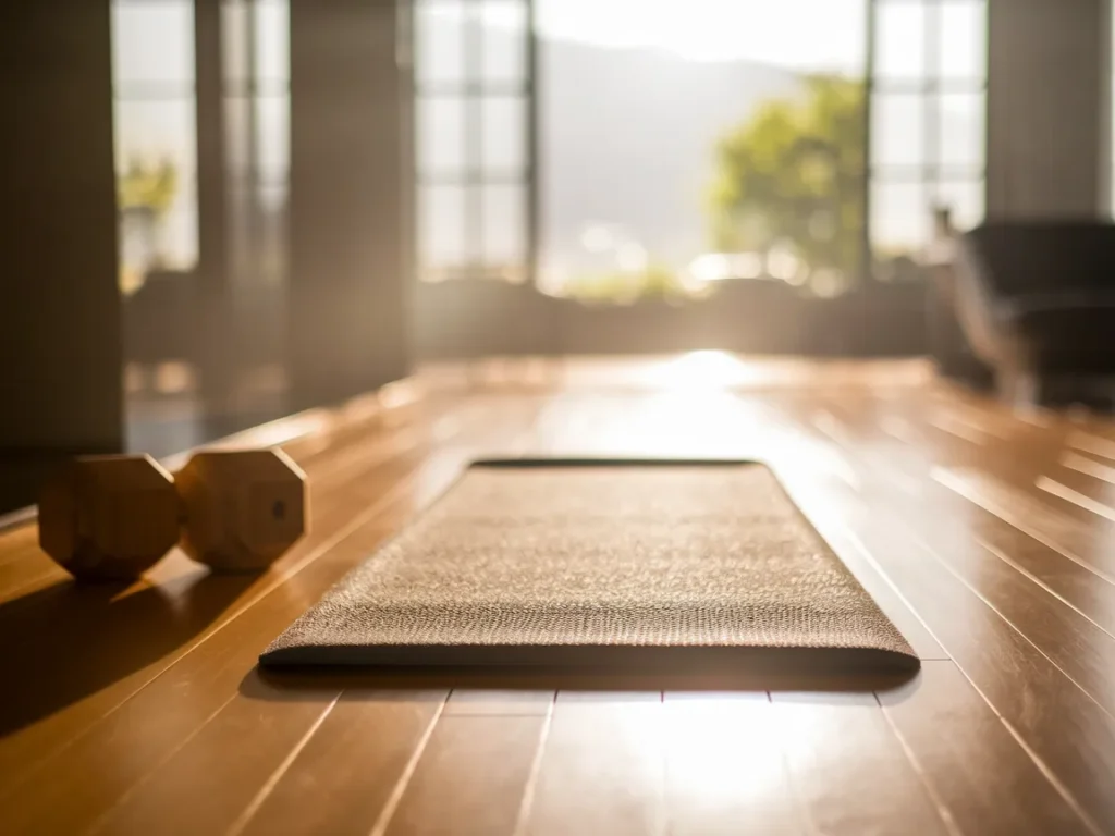 Home gym corner with yoga mat zone for stretching