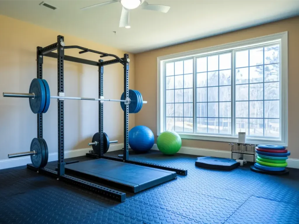 Home gym heavy lifting area with thick rubber roll flooring