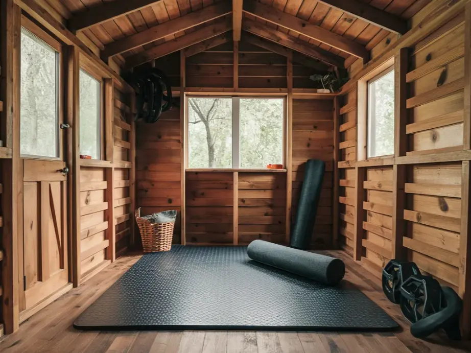 Home gym shed recovery corner with mat, foam roller, small basket