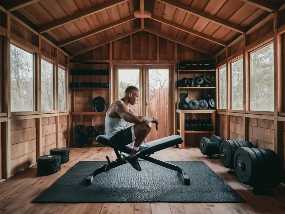 Home gym shed with foldable bench in use