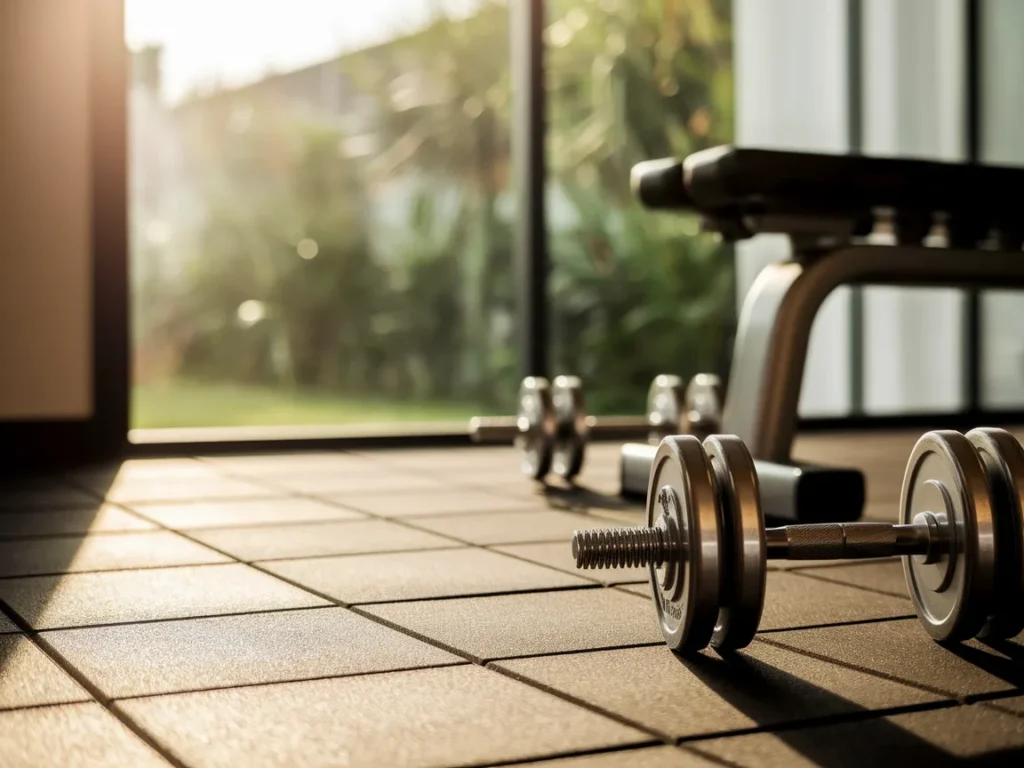 Home gym with rubber interlocking floor tiles