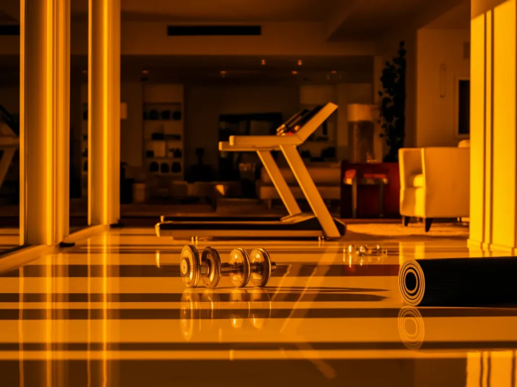 Home mini gym with bright balanced lighting