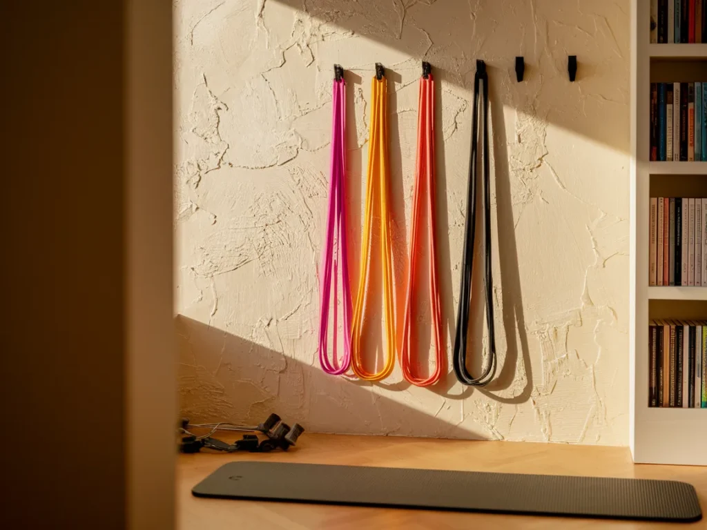 Home mini gym with resistance bands hanging on wall hooks