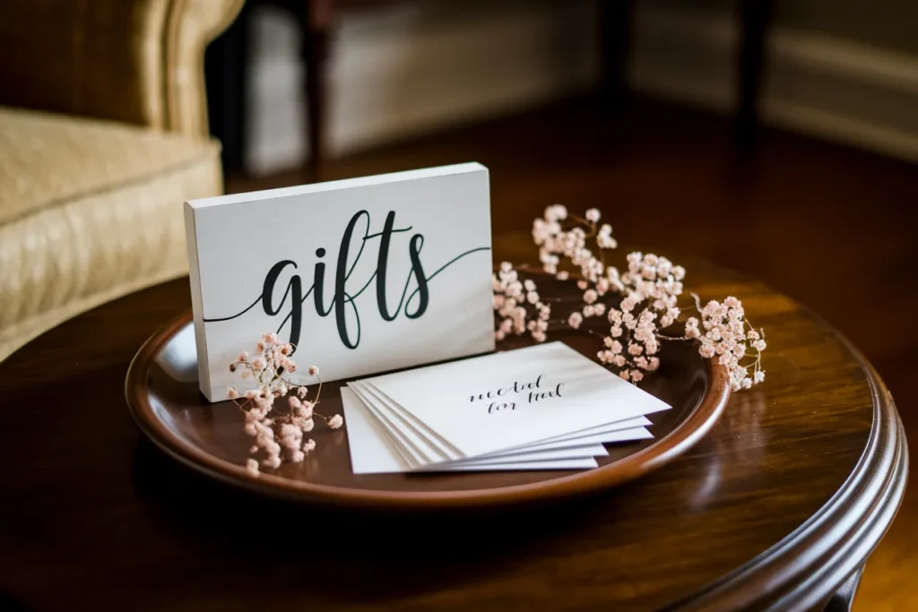 Home wedding gift table with simple label sign